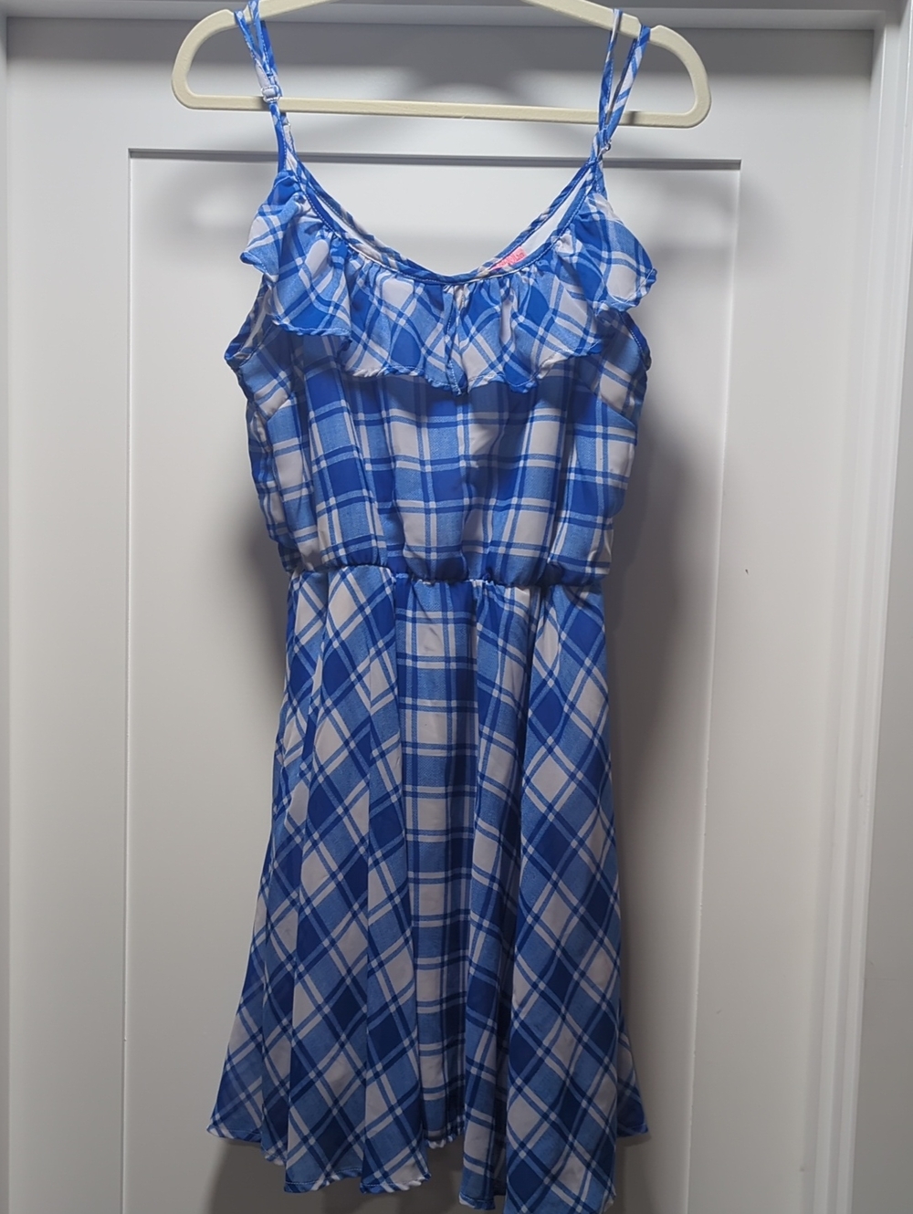 She's Cool Blue & White Plaid Ruffle Midi Dress
